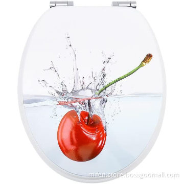 Fanmitrk Wooden Toilet Seat-Durable MDF Toilet Seat Soft Close with cherries pattern